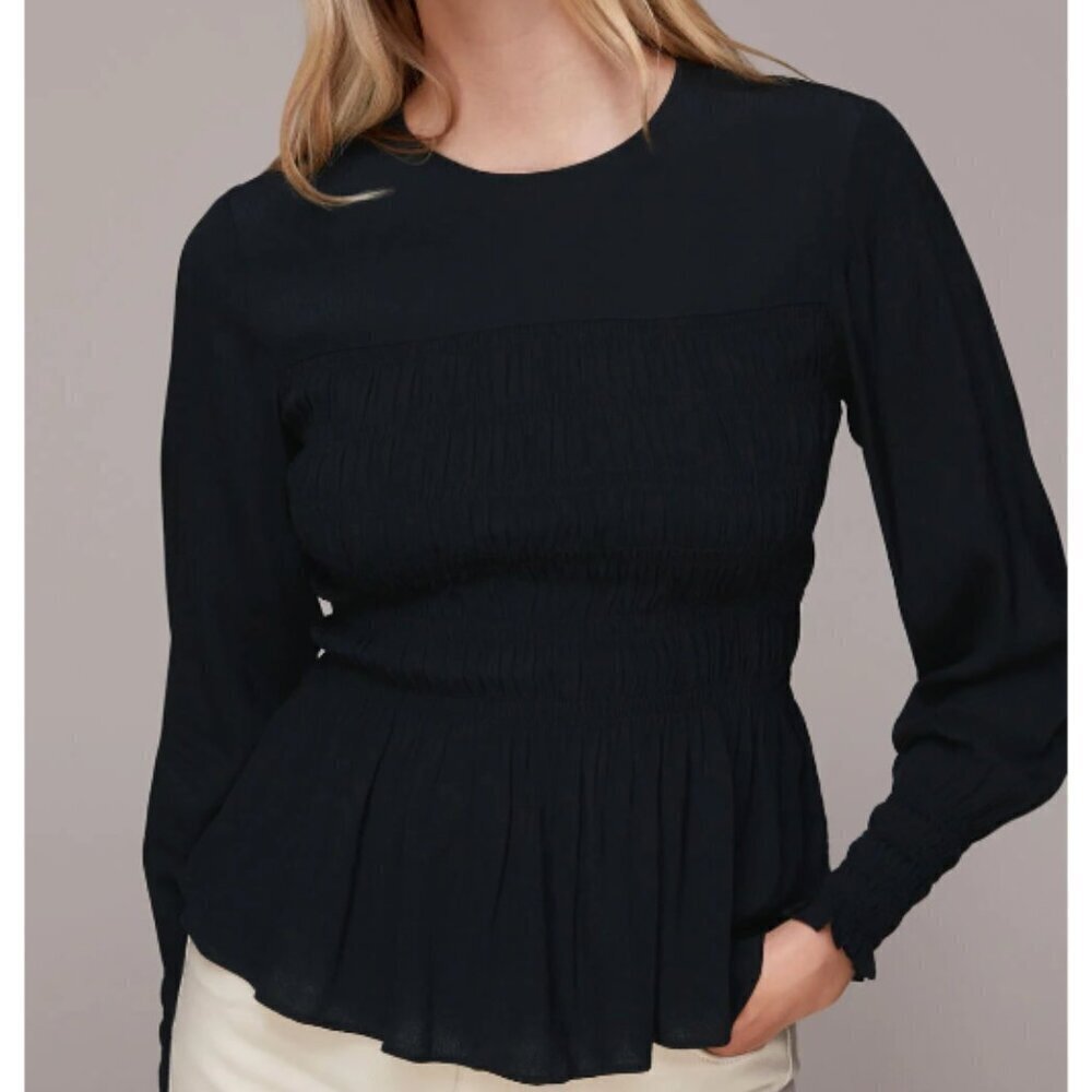 Whistlesβ Women's Size 10 Black Rosanna Shirred Top Long Sleeve Crewneck Keyhole